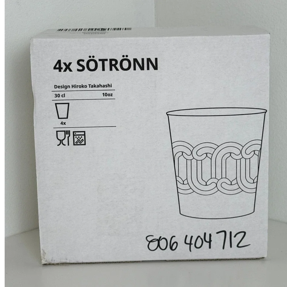 IKEA SOTRONN Hiroko Takahashi Glass Set 10oz Black Geometric Pattern 4 Pack NEW
